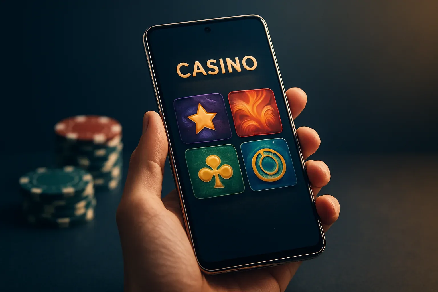 Flagship Android smartphone displaying a vivid premium casino app interface