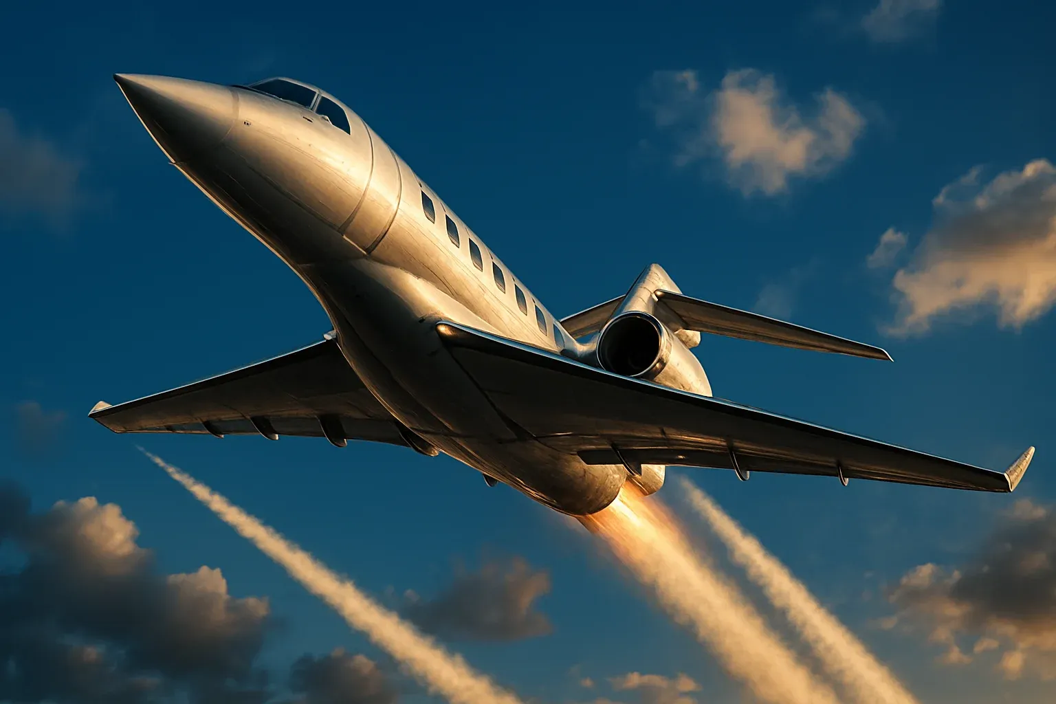Hyperrealistic white jet aircraft climbing steeply in deep blue sky