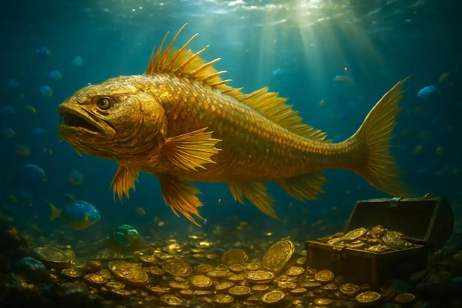 Massive golden dragon fish underwater with glowing coins and treasure