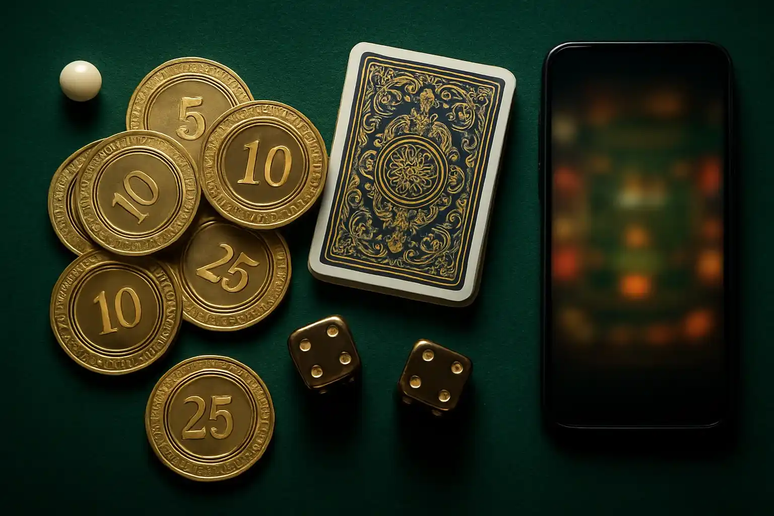 Top-down casino table with gold chips, cards, dice, roulette ball, smartphone