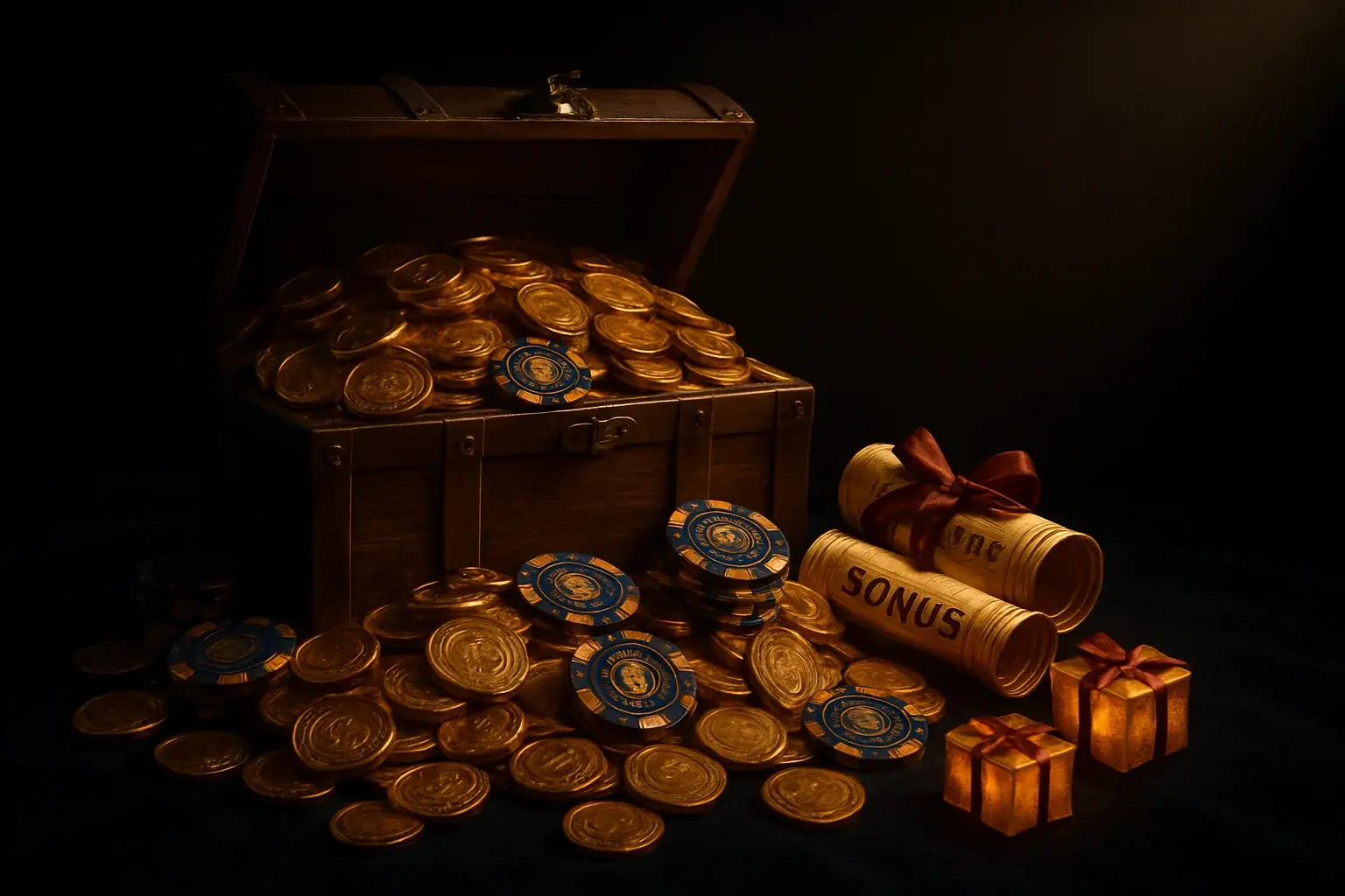 Overflowing treasure chest with gold coins, casino chips, vouchers, and gifts