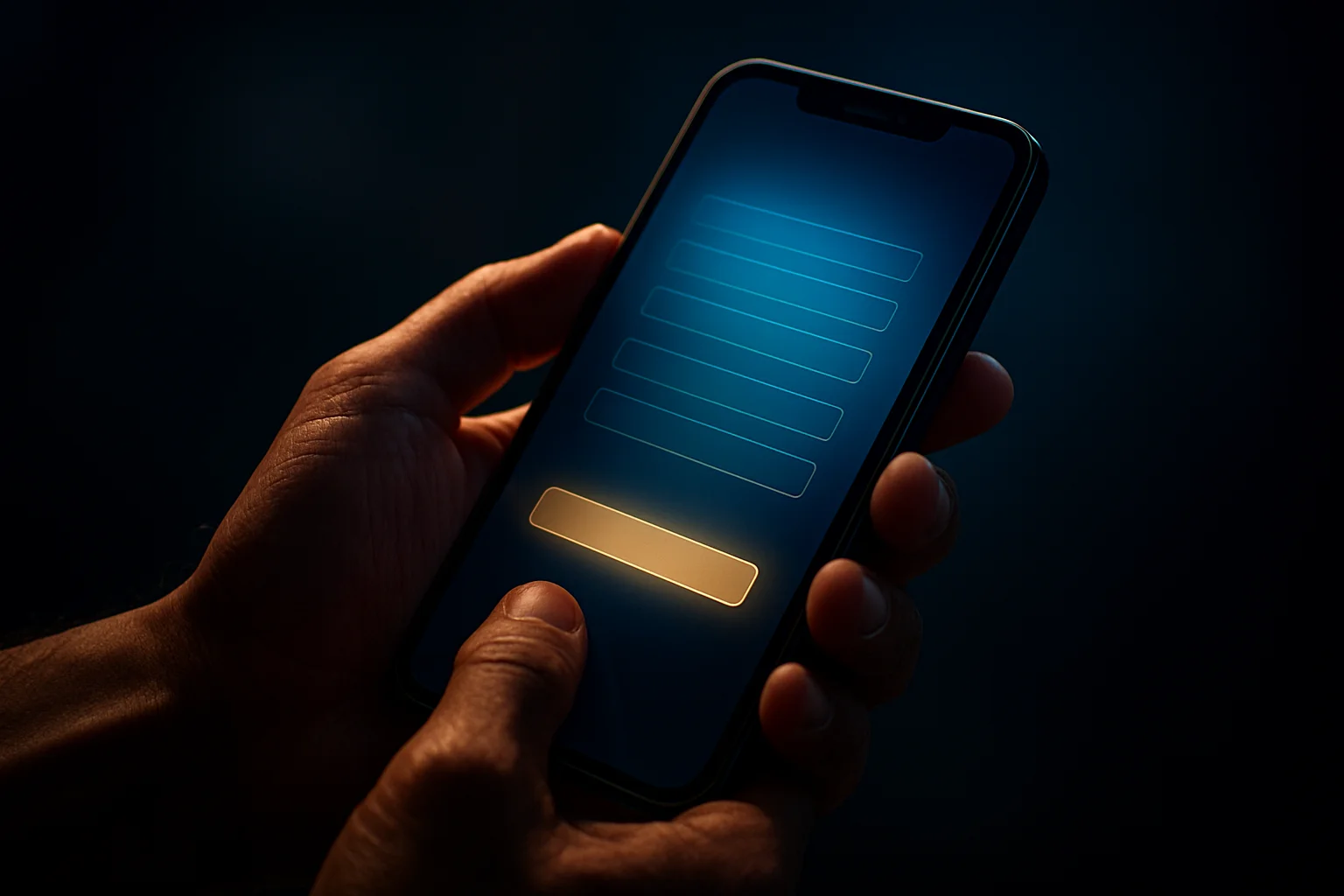 Filipino man's hands holding smartphone with glowing registration screen interface