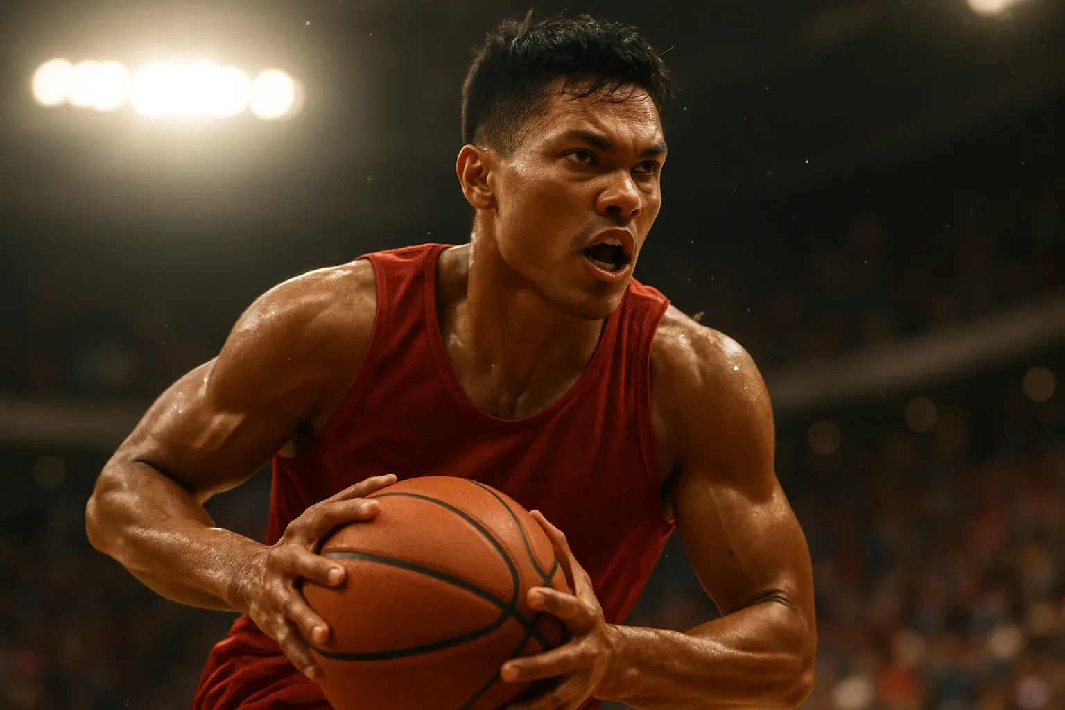 Filipino PBA basketball player driving mid-air toward basket in arena